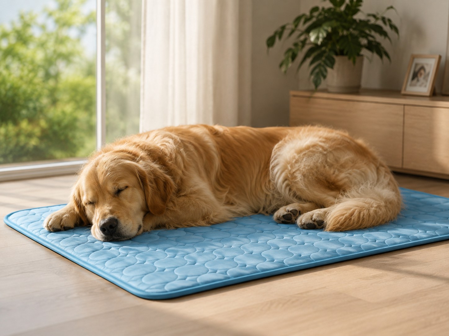 A golden retriever sleeping soundly on a blue Chilloof cooling mat