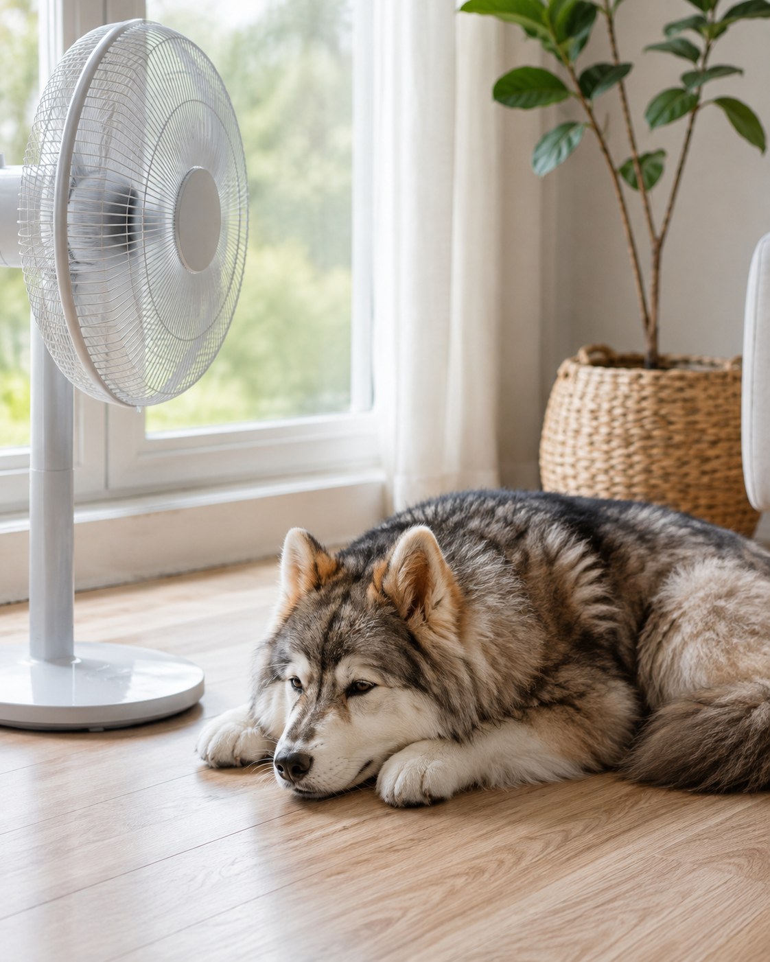 Husky lying in front of a standing fan