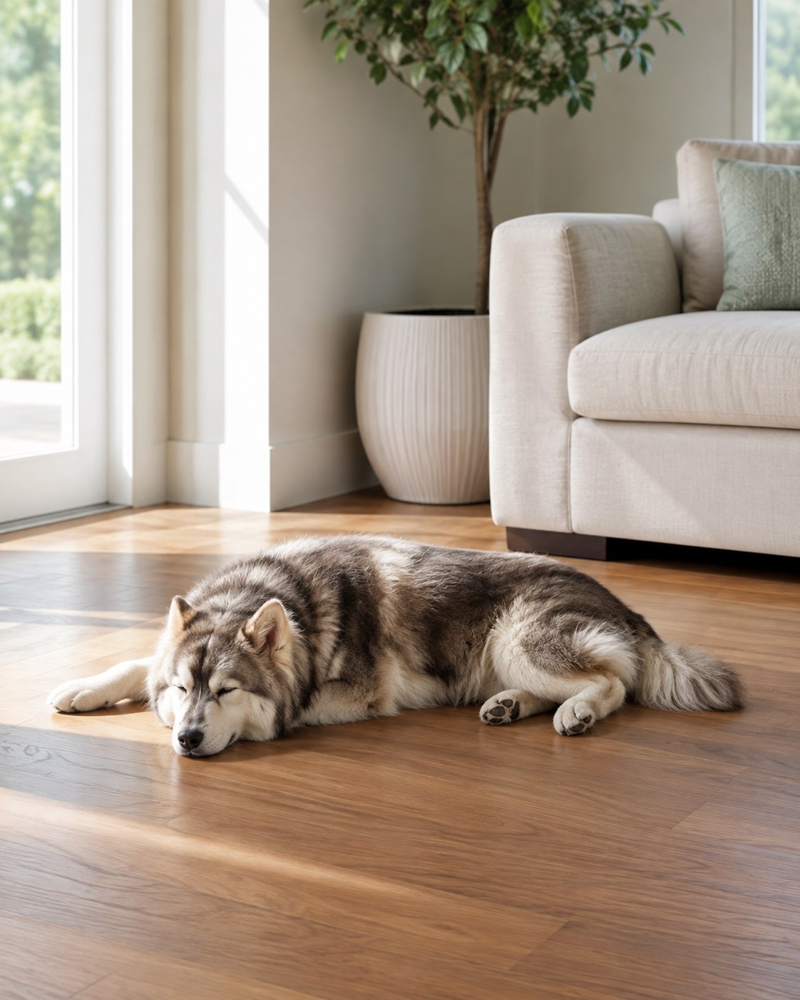 Husky stretched out on a bare hardwood floor